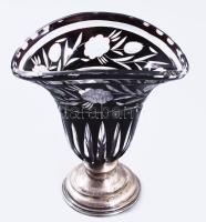 Ezüst (Ag) talpas váza. Dianás jelzéssel, gravírozással, Kristály. Jelzett, hibátlan 18 cm