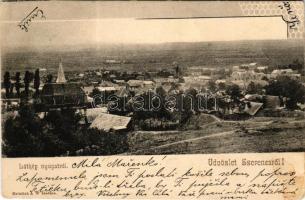 1904 Szerencs, látkép nyugatról. Heimlich A. W. kiadása. Art Nouveau + "PÜSPÖKLADÁNY - MISKOLCZ 12. SZ." vasúti mozgóposta bélyegző (fl)