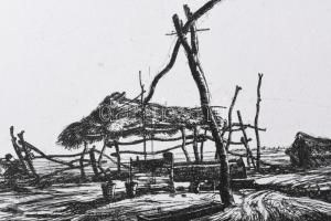 Barcsay Jenő (1900-1988): Gémeskút. Rézkarc, papír, hagyatéki bélyegzővel. 25x27 cm