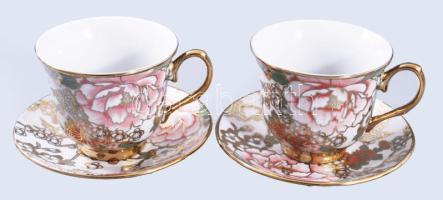 2 db arany és virág mintás teás csésze, aljjal, Matricás, jelzés nélkül, hibátlan.