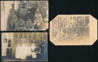 3 db I. világháborús katonai csoportkép, változó állapotban, kettő kartonra ragasztva, 9x14 cm körül