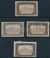 Nyugat-Magyarország III. 1921 4 db Parlament 5K Bodor vizsgálójellel, vegyes minőségben / mixed quality (8.000)