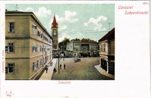 Szászváros, Broos, Orastie; Iskola tér, gyógyszertár. H. Graef kiadása / square, pharmacy (vágott / cut)