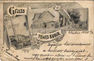 1900 Kevevára, Temeskubin, Kovin; Canal Riedpumpe Römer Festung, Bahnhof Station, Bavanister Strsse, Hübsch'sches Haus / csatorna szivattyú, vasútállomás, utca, Hübsch üzlete és háza. Szecessziós-virágos keret / canal pump, railway station, street view, shop and house of Hübsch. Art Nouveau, floral (EM)