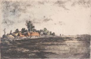 Kovács József (-): Tanya. Színezett rézkarc, papír, jelzett, üvegezett fakeretben, 19,5x30 cm