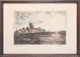 Kovács József (-): Tanya. Színezett rézkarc, papír, jelzett, üvegezett fakeretben, 19,5x30 cm