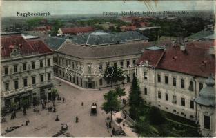 1913 Nagybecskerek, Zrenjanin, Veliki Beckerek; Ferenc József út, bejárat a Jókai utcába, piac, Kertész A., Mesznik Imre, Schneider János üzlete és saját kiadása / street, shops, market (fl)