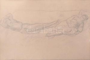 Jelzés nélkül (Iványi-Grünwald Béla?): Fekvő női alakok. Ceruza, papír, paszpartun Iványi-Grünwald Béla felirattal, üvegezett fakeretben, 16x22,5 cm