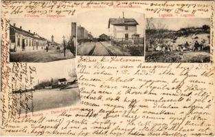 Titel, Fő utca, Vasútállomás, lagúnák, Tiszaparti részlet. Nonnenmacher Endre kiadása / Hauptgasse, Eisenbahnstation, Lagunen, Theis-Ufer-Partie / main street, railway station, lagoons, riverside (EK)