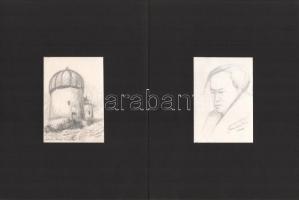 Meiszter Kálmán (1925-2018), 4 db rajz: Ösküi kerek templom, napraforgók, arcképek. Ceruza, papír, jelzett, vékony kartonra kasírozva, 10×7 cm