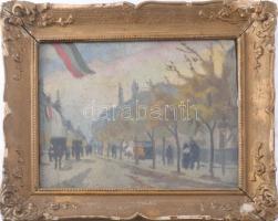 Vermes jelzéssel, XX. sz. eleje: Budapesti utca magyar lobogókkal. Olaj, karton. Dekoratív, üvegezet...