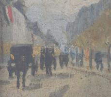 Vermes jelzéssel, XX. sz. eleje: Budapesti utca magyar lobogókkal. Olaj, karton. Dekoratív, üvegezet...