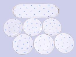 Herendi süteményes / szendvicses készlet. Kék búzavirág mintás. Kézzel festett, jelzett, kis kopással