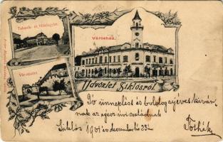 1901 Siklós, Takarékpénztár és hitelegylet, Városháza, üzletek, vár részlet. Feiler Mariska kiadása. Art Nouveau, floral (EM)