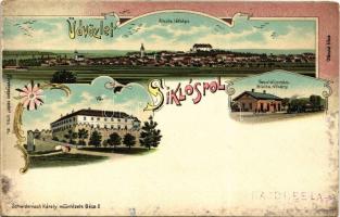 Siklós, látkép, vár, Siklós-Vokány vasútállomás, gőzmozdony. Schwidernoch Károly 4789. sz. Art Nouveau, floral, litho (EB)