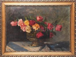 Kallósné H. Adrienne (1885-1930): Csendélet. Olaj, vászon. Jelzett. Hátoldalán régi MNG kiviteli bélyegzéssel. Dekoratív fakeretben. 50×70 cm.