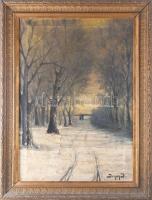 Dunay J jelzéssel, XX. sz. eleje: Sétáló pár. Olaj, vászon. Hátoldalán régi MNG kiviteli bélyegzéssel. Sérült (festéklepergésekkel). Dekoratív, antik, kissé sérült fakeretben. 61×43,5 cm.