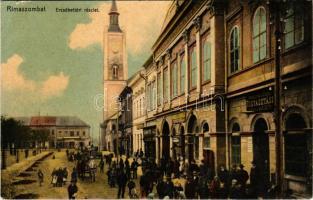 1910 Rimaszombat, Rimavská Sobota; Erzsébet tér, templom, Perecz Béla, Eszenyi Gyula, Rimaszombat és Vidék Fogyasztási Szövetkezet üzlete. Ifj. Rábely Miklós kiadása / square, shops, church, cooperative shop (felületi sérülés / surface damage)
