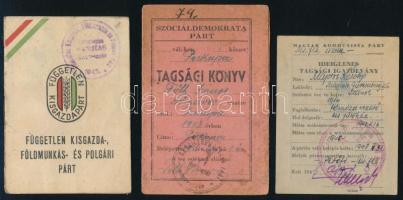 1946-1949 Szociáldemokrata Párt (SZDP) és Független Kisgazdapárt (FKgP) tagsági könyvek, bélyegekkel + Magyar Kommunista Párt (MKP) ideiglenes tagsági igazolvány