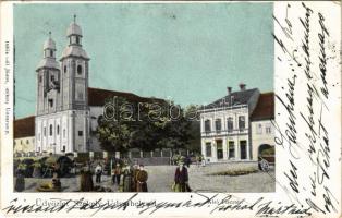 1901 Székelyudvarhely, Odorheiu Secuiesc; Alsó piactér, templom. Gál János kiadása / market square, church + "SZÉKELY UDVARHELY - SEGESVÁR 134. SZ." vasúti mozgóposta bélyegző (EM)