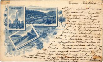 Székelyudvarhely, Odorheiu Secuiesc; Homoród fürdő, Székely millenniumi emlékoszlop, első utca a Kossuth Lajos utca / monument, spa, first street. floral, Art Nouveau (Rb)