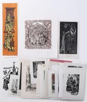 Klf. magyar és külföldi alkotók (Radványi Román Károly, Kopasz Márta, Plugor Sándor, Stettner Béla, Bálint Ferenc, Vén Zoltán, García Joaquim Renart stb.): Pengetős hangszerekkel és azokon játszó emberekkel illusztrált ex libris és kisgrafika tétel, össz. kb. 36 db. Klf. technikák, papír, részben ceruzával jelzett. Klf. méretekben.