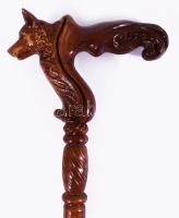 Pácolt fa sétabot, díszes kutyafejes markolattal, újszerű, h: 94 cm