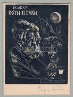 Plugor Sándor (1940-1999): Ex libris Róth István. Linómetszet, papír, jelzett, kissé foltos. Paszpartuban. 11,5x9 cm
