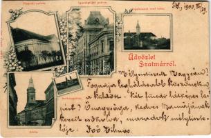 1900 Szatmárnémeti, Szatmár, Satu Mare; Püspöki palota, Igazságügyi palota, Irgalmasok rendháza, zárda, székesegyház. Lővy M. kiadása / Bishop's palace, Palace of Justice, nunnery, cathedral. Art Nouveau, floral (vágott / cut)