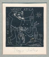 Plugor Sándor (1940-1999): Ex libris Várdy Attila. Linómetszet, papír, jelzett, apró folttal. Paszpartuban. 7x6,5 cm