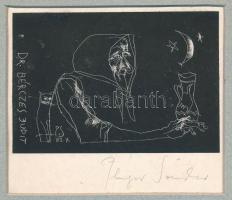 Plugor Sándor (1940-1999): Dr. Bérczes Judit. Linómetszet, papír, jelzett. Paszpartuban. 7,5x11 cm