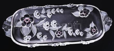 Virágmintás kristályüveg tálca, plasztikus savmaratott virágmintával, hibátlan, 40x16 cm