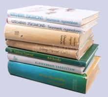 Széchenyi Zsigmond művei 7 kötete:  Ahogy elkezdődött... Ünnepnapok (1978), Ünnepnapok (1963), Csui!... (1962), Szarvasok nyomában (2 db, 1979), Két kecske (2001), Alaszkában vadásztam (1957.)  Bp., 1957-2001., Bibliotheca - Szépirodalmi - Magyar Könyvklub. Kiadói félvászon-kötések, kiadói egészvászon-kötések, egy kivételével papír védőborítóban, és kiadói kartonált papírkötés, változó állapotban.