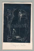 Plugor Sándor (1940-1999): Ex libris Dr. Demeter Jenő. Linómetszet, papír, jelzett. Néhány kevés apró folttal. Paszpartuban. 10,5x7,5 cm