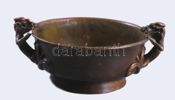 Kínai réz / bronz tálka, sárkány figurális fülekkel, jelzett, 11x8,5 cm