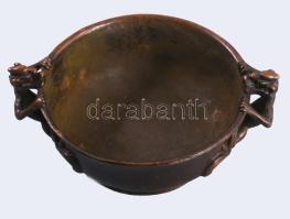 Kínai réz / bronz tálka, sárkány figurális fülekkel, jelzett, 11x8,5 cm
