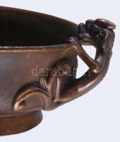 Kínai réz / bronz tálka, sárkány figurális fülekkel, jelzett, 11x8,5 cm