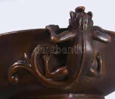 Kínai réz / bronz tálka, sárkány figurális fülekkel, jelzett, 11x8,5 cm