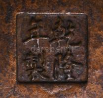 Kínai réz / bronz tálka, sárkány figurális fülekkel, jelzett, 11x8,5 cm