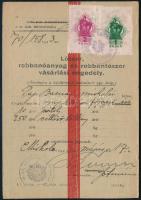 1943 Miskolc, lőszer, robbanóanyag és robbantószer vásárlási engedély, 2P + 1P okmánybélyeggel