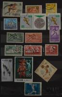 Sport motívum összeállítás, benne 185 db bélyeg 10 fekete lapos közepes berakóban, barna borítóval