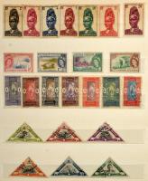 Vegyes külföldi összeállítás, benne 145 db bélyeg egzotikus országokból + 260 db magyar bélyeg 10 fehér lapos közepes berakóban, szürke borítóval