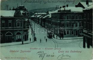 1902 Sopron, Erzsébet út télen, villamos, Fonciere pesti biztosító (EB)