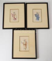 cca 1900 3 darab kínai festmény szövetre festve, üvegezett keretben, 10x7 cm