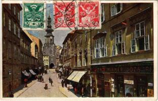 1920 Pozsony, Pressburg, Bratislava; Mihály utca, Wimmer József Fia üzlete. Művészlevelezőlap Hausner H. 7031/3. / Michaelergasse / street view, shops, gate