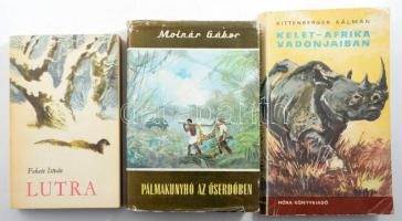 Vegyes könyvtétel, 3 db:  Molnár Gábor: Pálmakunyhó az őserdőben. Világjárók 33. Bp., 1966, Gondolat. 1. kiadás. Kiadói félvászon-kötésben, kiadói szakadt, kopott papír védőborítóban.;  Fekete István: Lutra. Egy vidra regénye. Csergezán Pál rajzaival. Bp., 1973, Móra. 4. kiadás. Kiadói papírkötés.;  Kittenberger Kálmán: Kelet-Afrika vadonjaiban. Pfannl Egon rajzaival. Bp., 1976, Móra. 5. kiadás. Kiadói papírkötés.;
