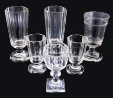 6 db antik csiszolt üveg pohár, 11-18 cm