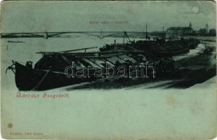 1899 Szeged, Közúti Vashíd és rakpart, szállító hajók este holdfényben. Endrényi Imre kiadása (EB)