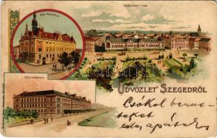 1899 Szeged, Széchenyi tér, MÁV palotája, főgimnázium. Endrenyi Imre kiadása Nr. 1049. Art Nouveau, floral, litho (EB)