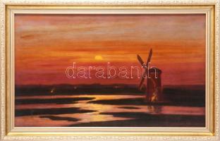 Kacziány Ödön (1852-1933): Szélmalom naplementében. Olaj, vászon, jelezve jobbra lent. Dekoratív fakeretben. 35,5×59 cm